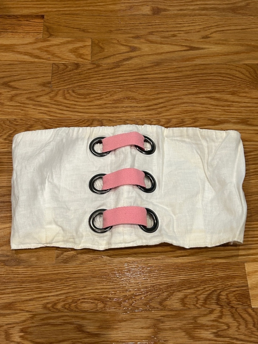 LF Tube Top White w/ Pink Strap center Silver Rings smocked back small women’s
